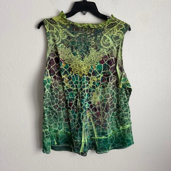 One World Green Print Ruffled Beaded V-Neck Sleeveless Top Whispering Womens 2X - Picture 7 of 7